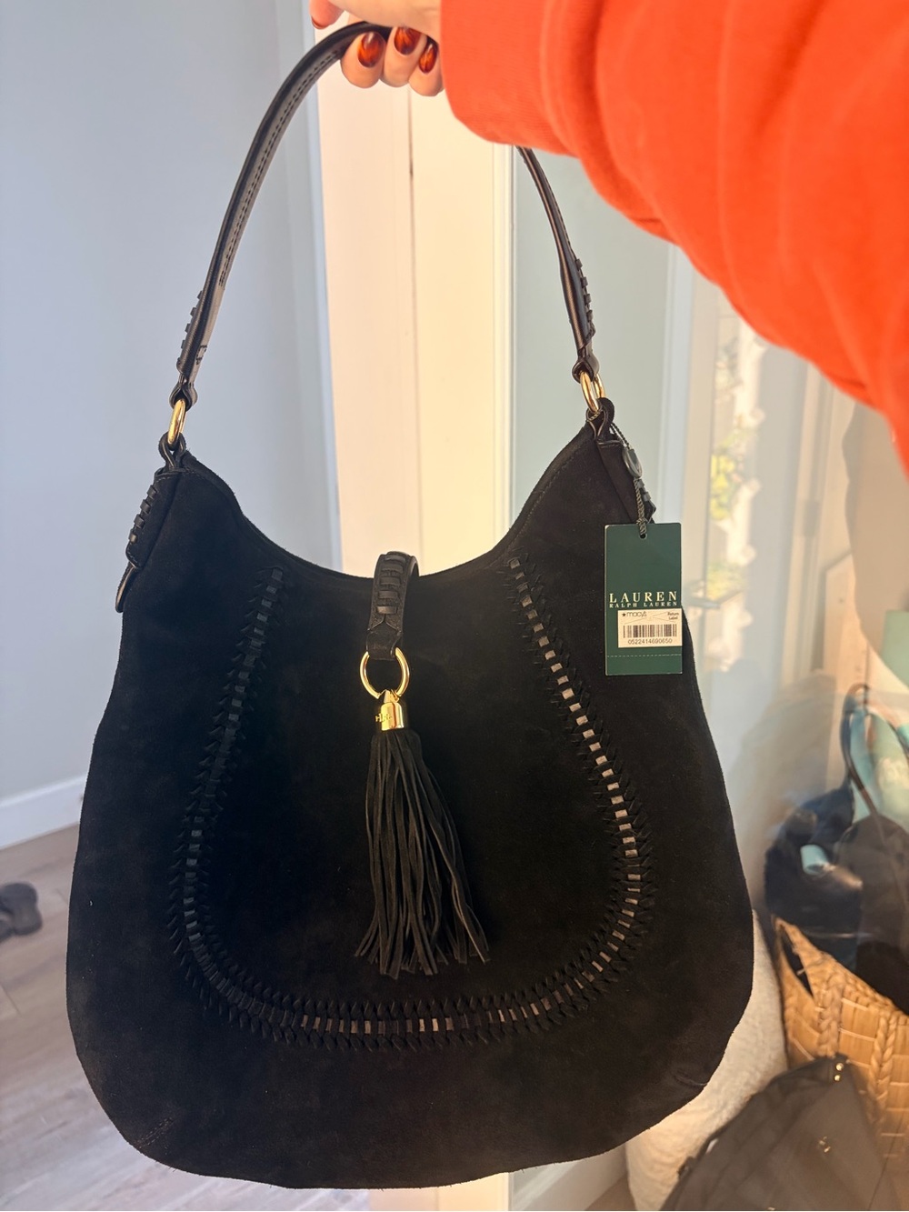 NWT Black Lauren Ralph Lauren Indian Cove Suede Leather Hobo Shoulder Bag